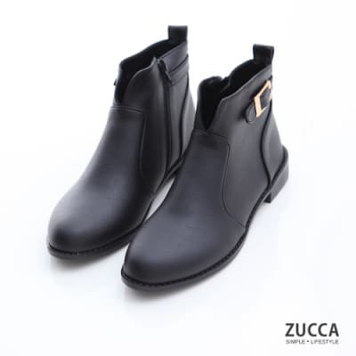 ZUCCA-金屬皮革V釦環短靴-黑-z6908bk