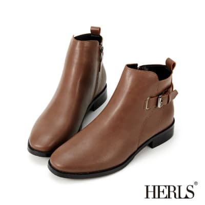 HERLS短靴-釦環拉鍊圓頭皮革粗跟短靴-咖啡色