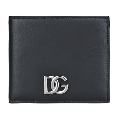 D&G DOLCE & GABBANA銀字LOGO小牛皮6卡對折短夾(黑)