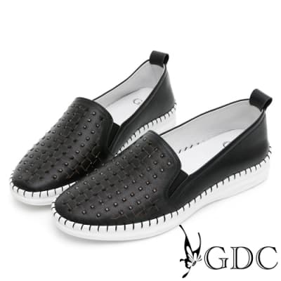 GDC-真皮質感水鑽編織車邊懶人休閒鞋-黑色