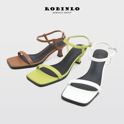 Robinlo法式氣質一字帶方頭中跟涼鞋 棕色/綠色/米白色