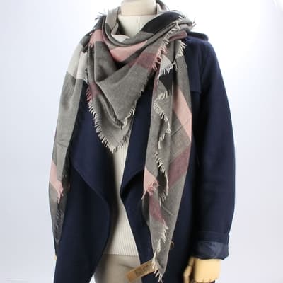 BURBERRY 經典格紋莫代爾羊毛混紡輕盈方形圍巾披肩(140X140cm)-粉紅/灰