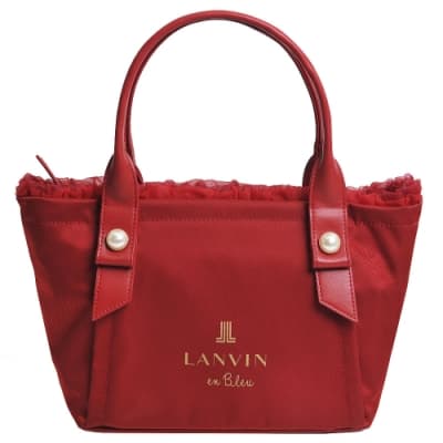 LANVIN en Bleu 蕾絲滾邊珍珠風品牌LOGO圖騰手提肩背包(酒紅色)