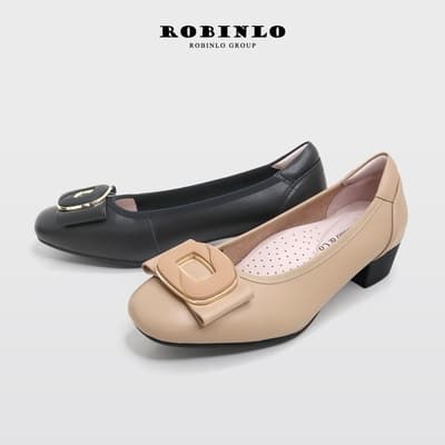 ROBINLO真皮低跟通勤鞋輕漾典雅飾釦娃娃鞋跟鞋 法式黑/奶油杏