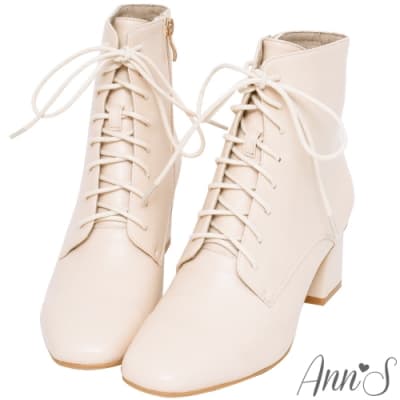 Ann’S時髦基礎-素面皮革綁帶方頭粗跟短靴-杏