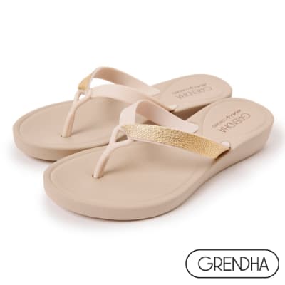 Grendha 華麗古典楔型夾腳鞋-米白/金
