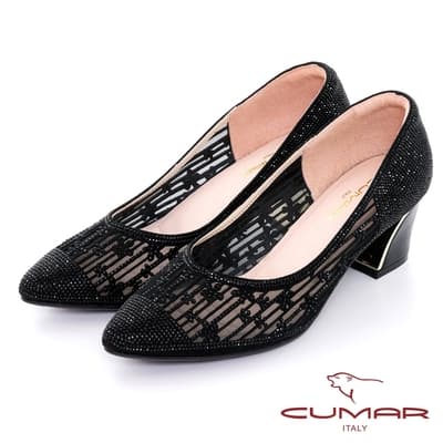 【CUMAR】鏤空鑽飾粗跟鞋-黑