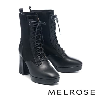 短靴 MELROSE 美樂斯 時髦潮感綁帶飛織牛皮方頭美型高跟短靴－黑