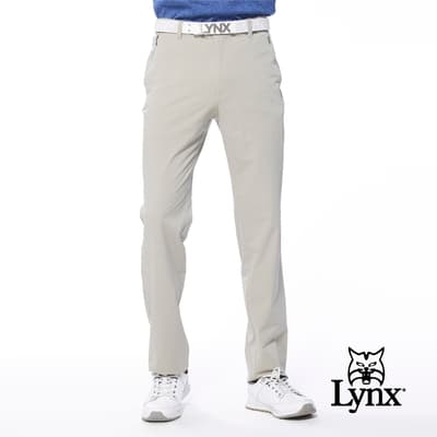 【Lynx Golf】男款彈性舒適拉鍊口袋腰圍羅紋鬆緊袋設計平口休閒長褲-卡其色
