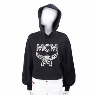 MCM LOGO 冰裂字母標誌黑色澎袖連帽運動衫 大學T(女款)