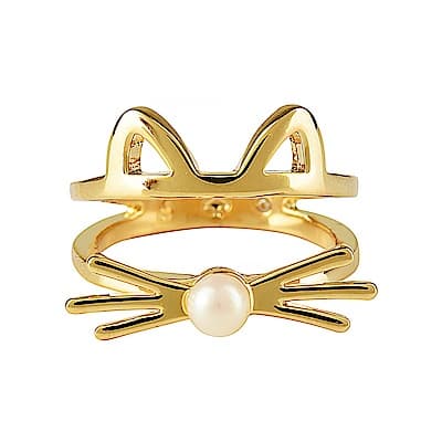 kate spade經典貓咪設計珍珠鑲飾雙環戒指(金)