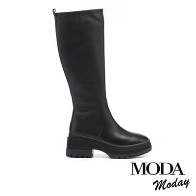 長靴 MODA MODAY 簡約俐落全真皮水台粗高跟長靴－黑