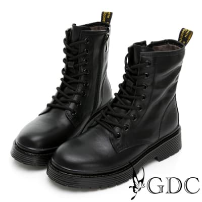 GDC-熱賣款真皮素色百搭搖滾韓風厚底馬丁短靴-黑色