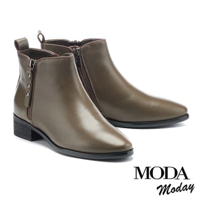 短靴 MODA MODAY 優雅質感純色牛皮尖頭低跟短靴－咖