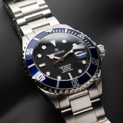 GROVANA瑞士錶 300米自動機械潛水錶(1571.2135)-黑面x藍色錶圈x不鏽鋼鍊帶/42mm