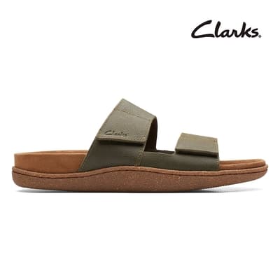 【Clarks】Pilton Strap 男款全皮面兩片式魔鬼氈設計拖鞋 深橄欖綠色(CLM65836S)