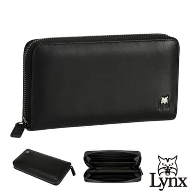 【Lynx】美國山貓NAPA進口牛皮單拉鍊長夾 12卡/零錢袋/三鈔位 皮夾錢包-黑色