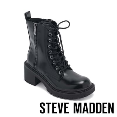 STEVE MADDEN-CANNY 皮革綁帶厚底短靴-黑色