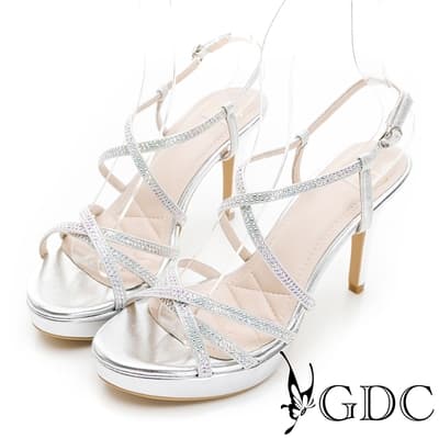 GDC-舞林女神交叉簍空細帶水鑽高跟涼鞋-金色