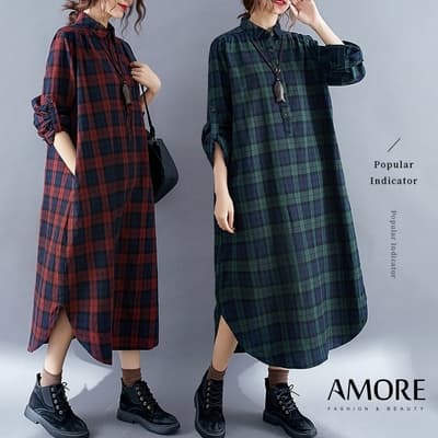 【Amore】秋冬百搭日韓格紋長版連身衣裙