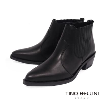 Tino Bellini義大利進口拼接線條皮革造型中跟短靴_黑