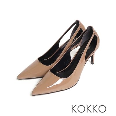 KOKKO經典手工尖頭微性感鏤空細高跟鞋漆皮可可