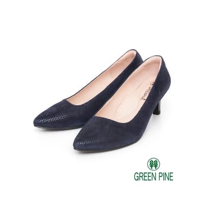 Green Pine 斜口羊皮編織壓紋中跟鞋 藍色 (00705223)