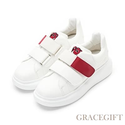 【Grace Gift】玩具總動員熊抱哥款魔鬼氈造型厚底小白鞋 白X桃