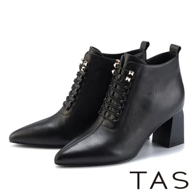 TAS 造型免綁帶牛皮粗中跟短靴 黑色