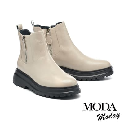 短靴 MODA MODAY 極簡質感純色牛油皮厚底短靴－白