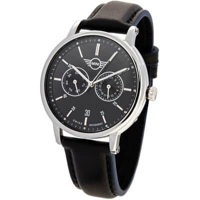MINI Swiss Watches 石英錶 43.5mm 黑色二眼錶面 黑色皮錶帶