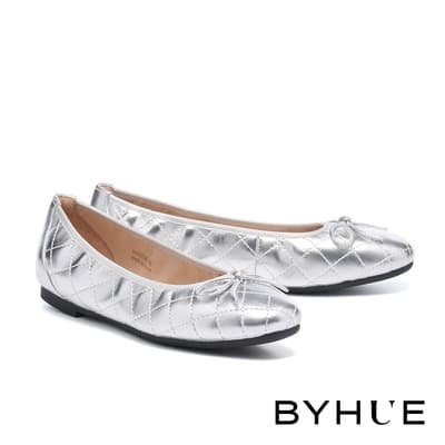 平底鞋 BYHUE 簡約質感芭蕾風蝴蝶結牛皮軟芯Q底平底鞋－銀