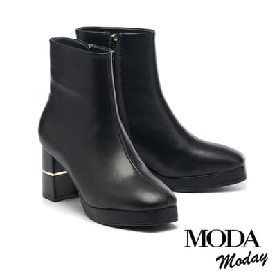 短靴 MODA MODAY 簡約率性全真皮方頭水台粗高跟短靴－黑