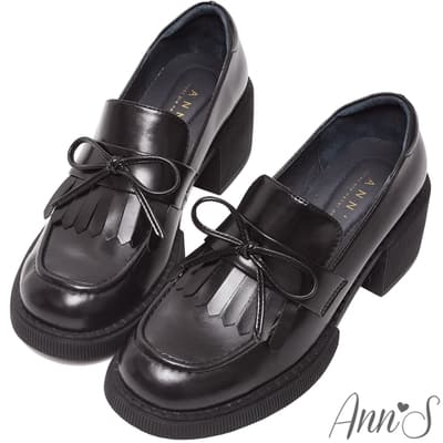 Ann’S重返時光-復古油皮流蘇蝴蝶結厚底粗跟紳士鞋5cm-黑(版型偏小)