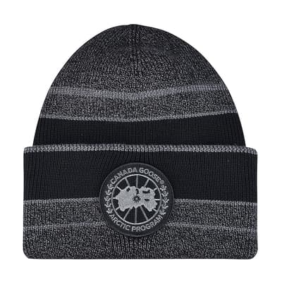 CANADA GOOSE 北極地圖圓標LOGO條紋設計美麗諾羊毛針織毛帽(黑x淺灰)