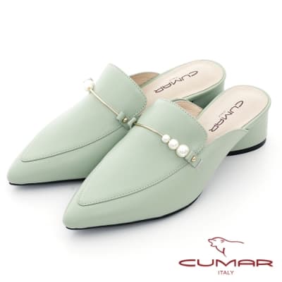 【CUMAR】簡約尖頭珍珠飾釦半包粗跟穆勒鞋-綠