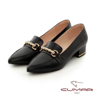【CUMAR】珍珠飾釦粗跟樂福鞋-黑色