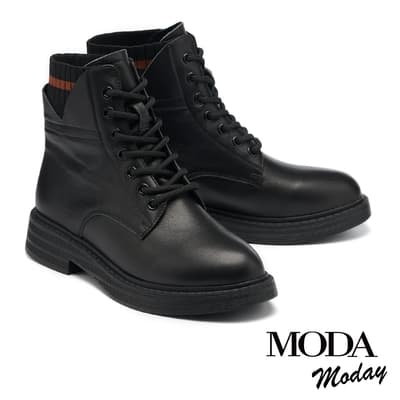 短靴 MODA MODAY 純色質感牛皮綁帶Q軟厚底短靴－黑