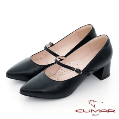【CUMAR】優雅復古尖頭瑪莉珍粗跟鞋-黑