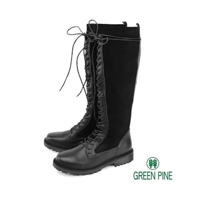 Green Pine 異材質拼接綁帶低跟長靴 黑色 (00187183)