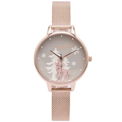 OLIVIA BURTON 鹿蹤雪地風米蘭帶錶帶手錶(OB16AW01)-淺灰色面/34mm
