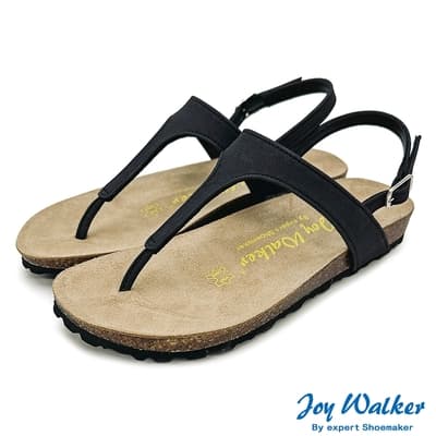 Joy Walker 簡約T型人字 露趾 夾腳 軟木涼鞋 黑色 圓頭 素面平底 合成皮革 繞踝 休閒舒適 柔軟鞋墊 1581P