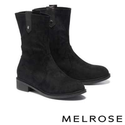 中筒靴 MELROSE 經典時尚星星飾釦彈力麂布低跟中筒靴－黑