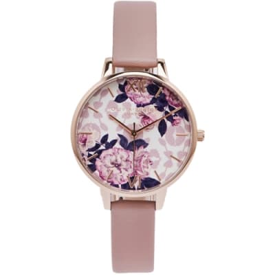 Olivia Burton 浪漫花情風皮革錶帶手錶(OB16LP03)-花朵面X藕色/34mm