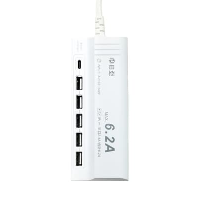 【日亞】UB-06U智慧型5 USB+Type-C充電器6.2A延長線1.5m(新安規USB延長線iPhone適用 可同時充電 通電指示燈)