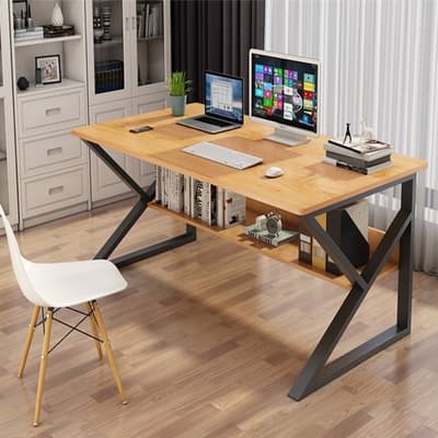 AOTTO 工業風K型鋼架雙層收納書桌-100公分(電腦桌 書桌 辦公桌)