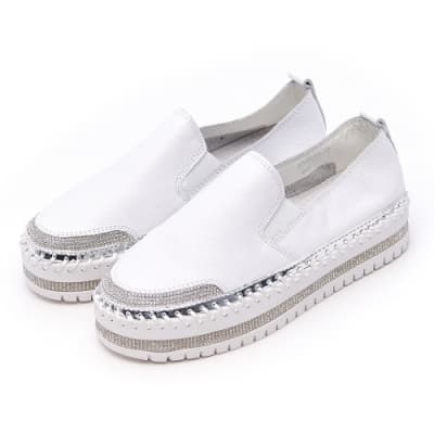 (小白鞋推薦)MOMIX韓國空運-正韓製-牛皮素面前貼鑽厚底懶人鞋-白色