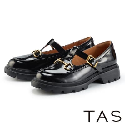 TAS 鏡面馬銜釦鋸齒厚底瑪麗珍鞋 黑色