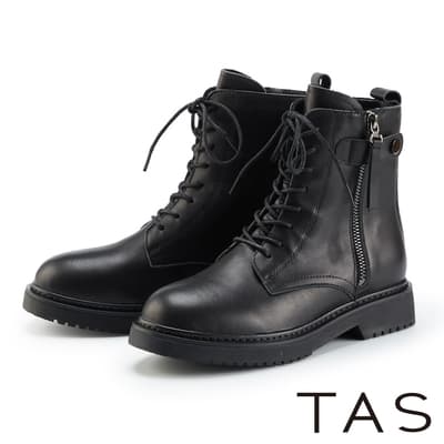 TAS 率性有型拉鍊平底綁帶短靴 黑色