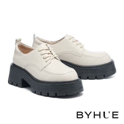 厚底鞋  BYHUE 質感系復古時髦純色綁帶牛皮軟芯厚底鞋－米